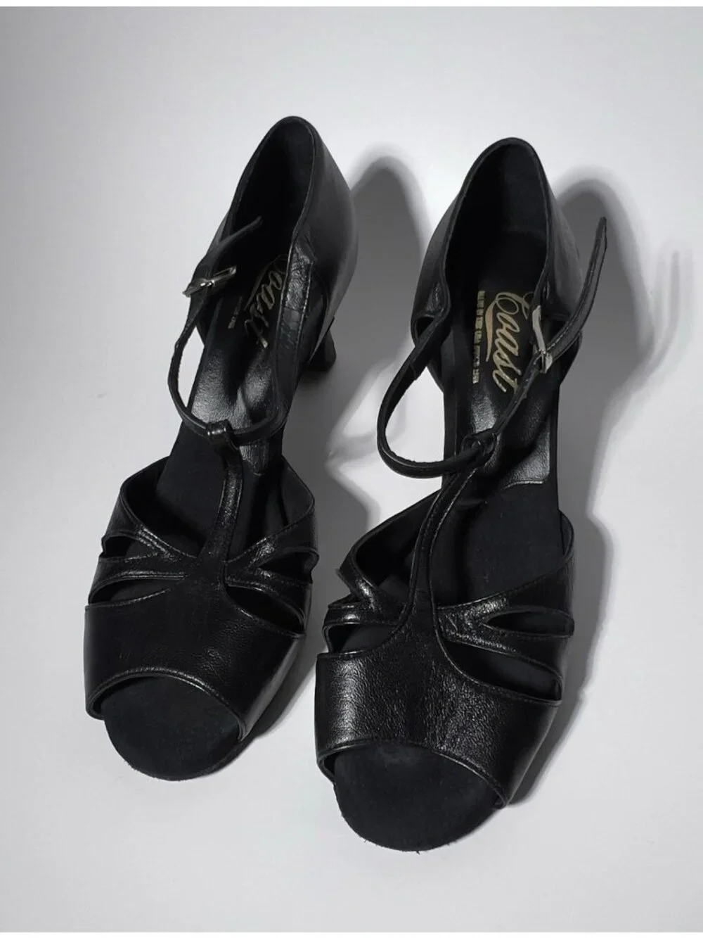 Vintage 1960s Coast Black T-Strap Dance Heels Women’s 7.5M Peep Toe